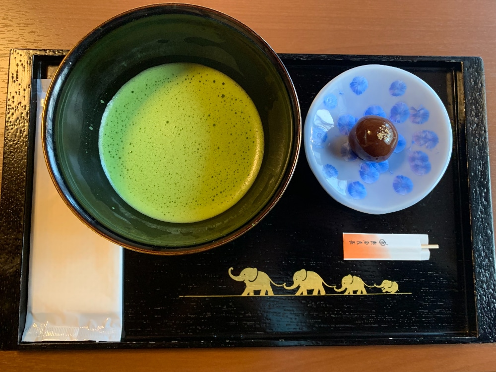 Matcha paired with sweet during tea ceremony, Old Mitsui Family Shimogamo Villa, Kyoto, Japan Photo Credit: Hannah Fulton